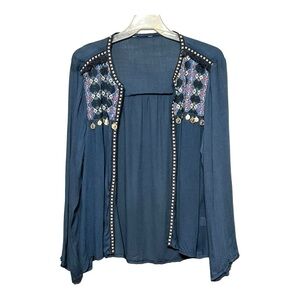 Ananda Design Embroidered Coin Top Open Crepe Long Sleeves Layering Western Wear